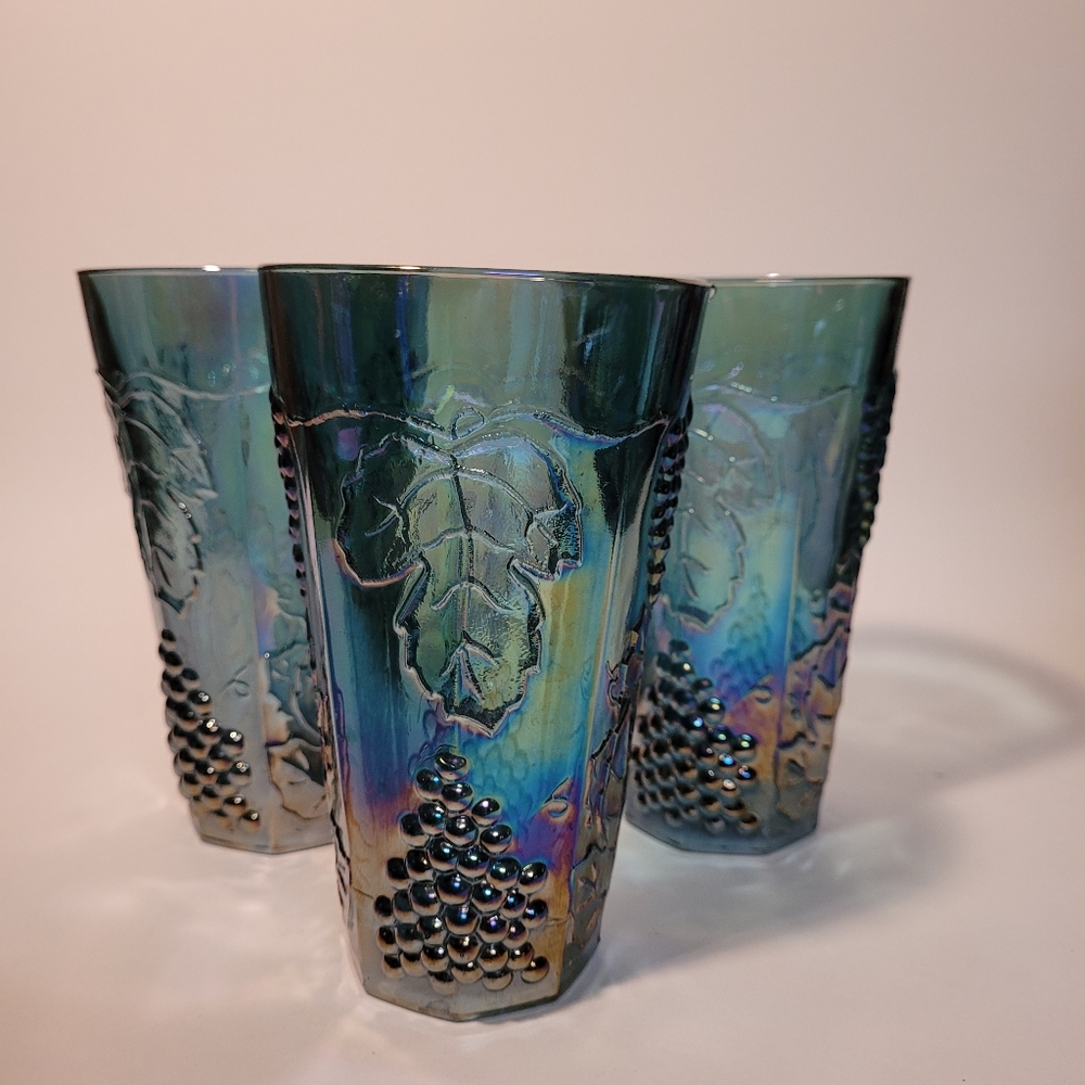 Set of 3 Indiana Glass iridescent blue tall glasses, carnival glass